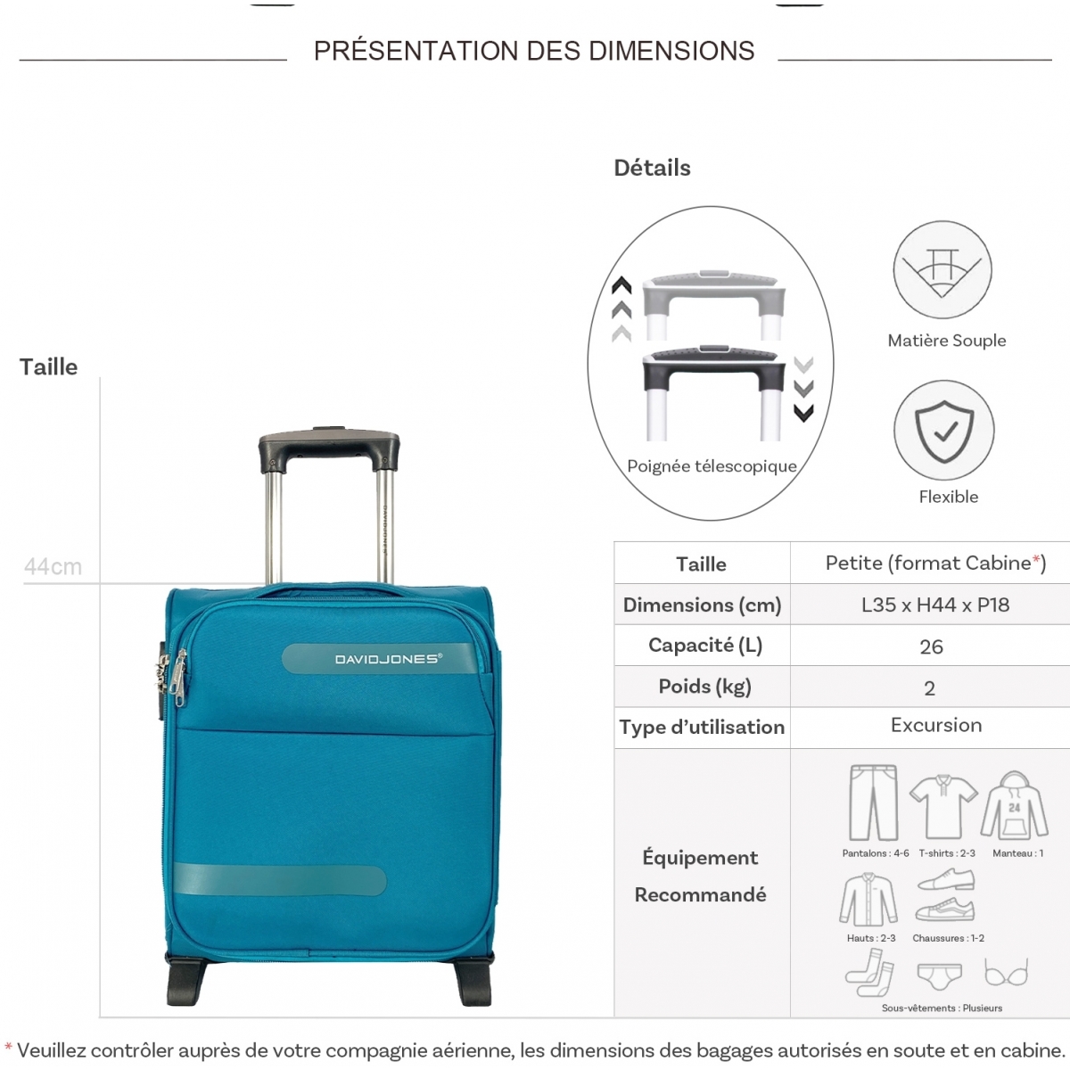 David Jones Valise cabine XS underseat souple David Jones 44cm