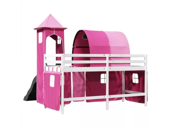 Lit mezzanine enfants avec tour rose 80x200cm bois pin massif