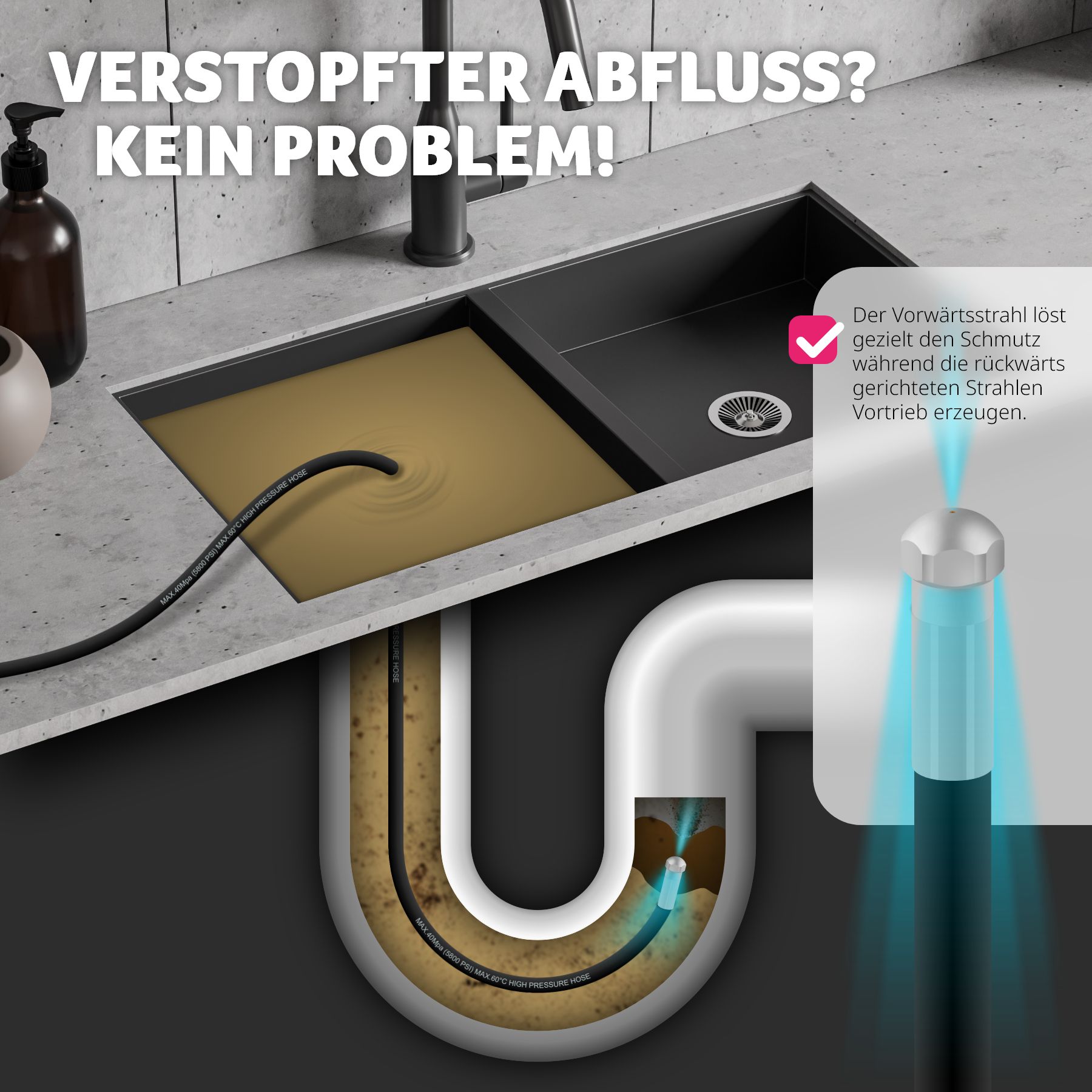 tectake® Rohrreinigungsschlauch-Set, 8-teilig, in 2 Größen, 3 Adapterstücke, inkl. Aufbewahrungsbeutel