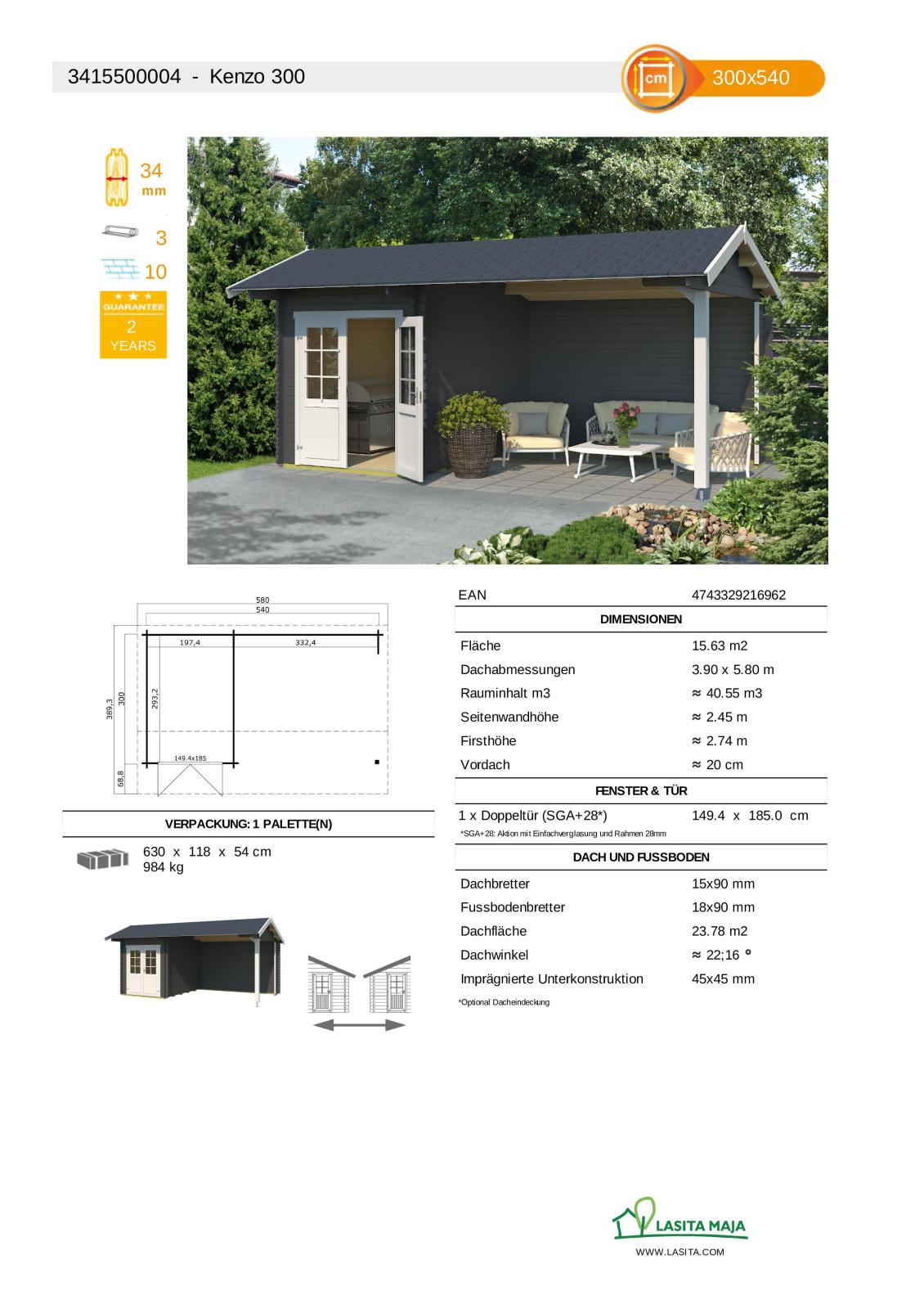 Gartenhaus KENZO - carbongrau - Fichte massiv - 540x300 cm