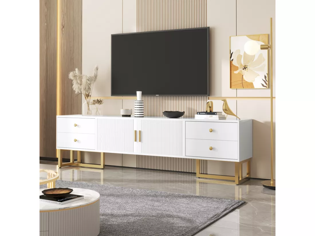 Meuble TV 175x30x46cm, panneau bas avec porte texturée, iroirs, poignées dorées et pieds dorés, blanc