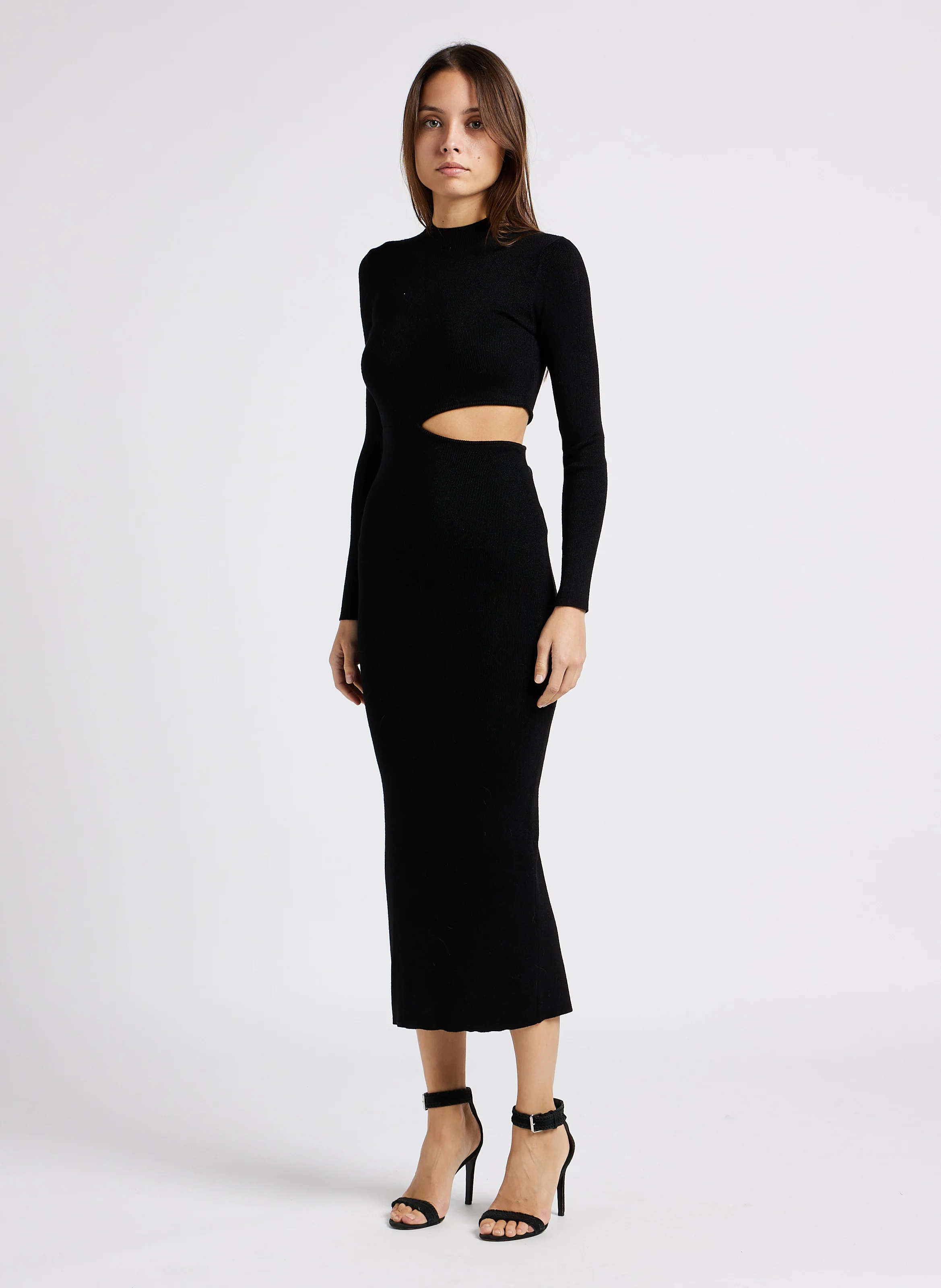JACKSON - Robe longue col rond en mailles ajustée | Noir