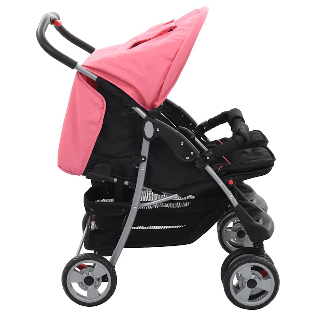 vidaXL Tweelingkinderwagen Roze en Zwart Staal