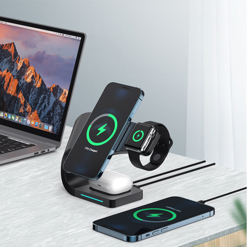 (15W) 4in1 Magnetischer Qi Wireless Charger für Apple Watch / Smartphone / AirPods Dockingstation mit LED Licht - Schwarz