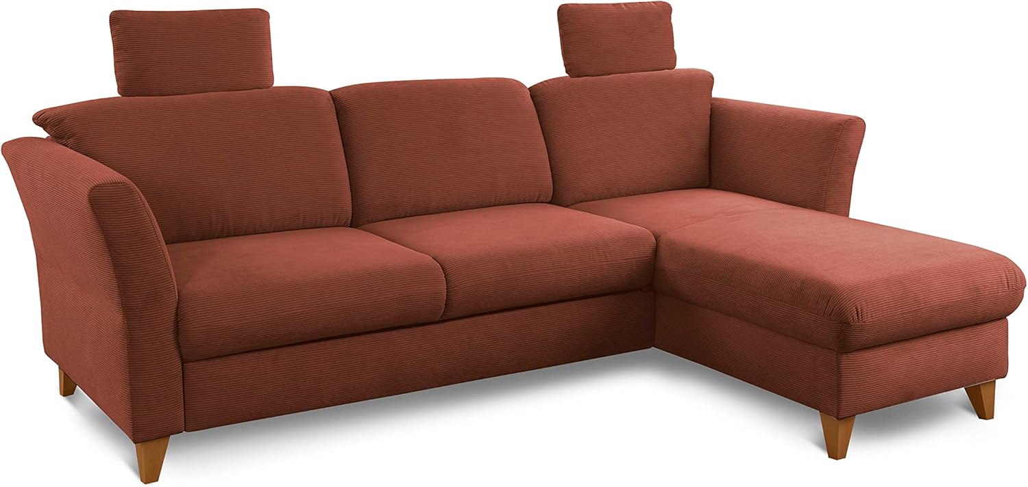 CAVADORE Ecksofa Trend / Skandinavische Eckcouch mit Federkern, Longchair und 2 Kopfstützen / 249 x 86 x 162 / Cord, Kupfer