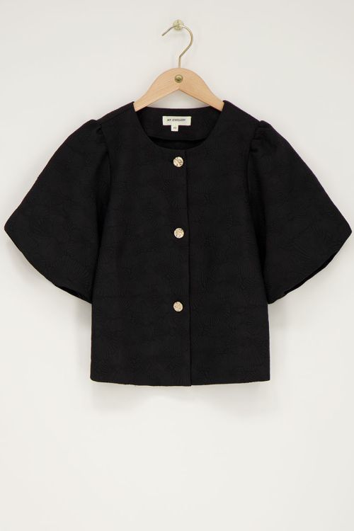 Zwarte jacquard top met pofmouwen