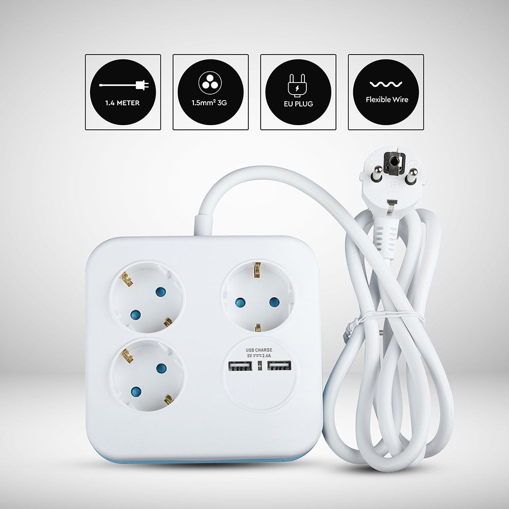 3-voudig verlengsnoer - USB - IP20 - Wit - 1,4 m kabel - Vierkant - Stopcontact - Stekkerdoos