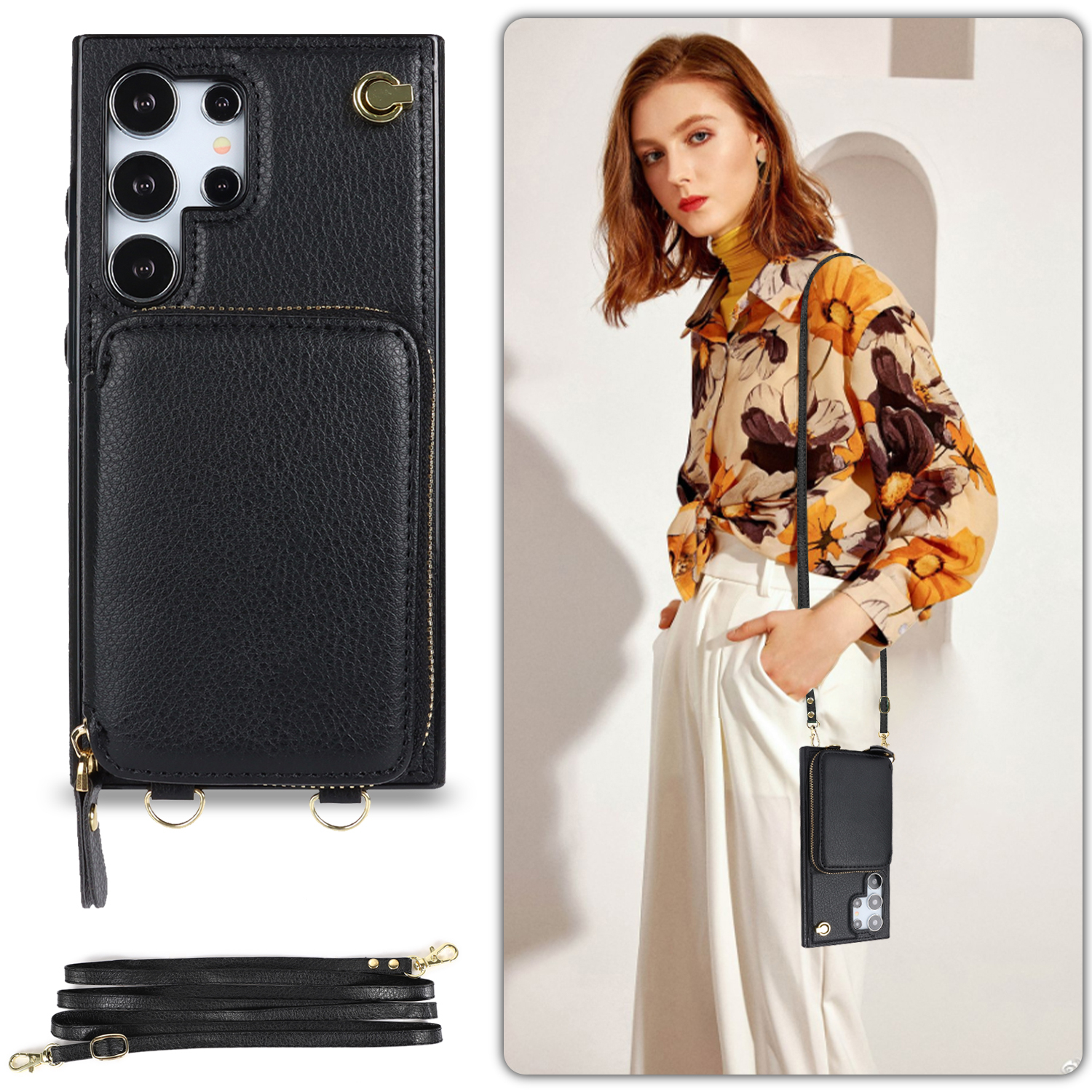 Samsung Galaxy S25 Ultra Necklace Leder Schutz Hülle mit Kartenfächer   Handykette (140cm) - Schwarz