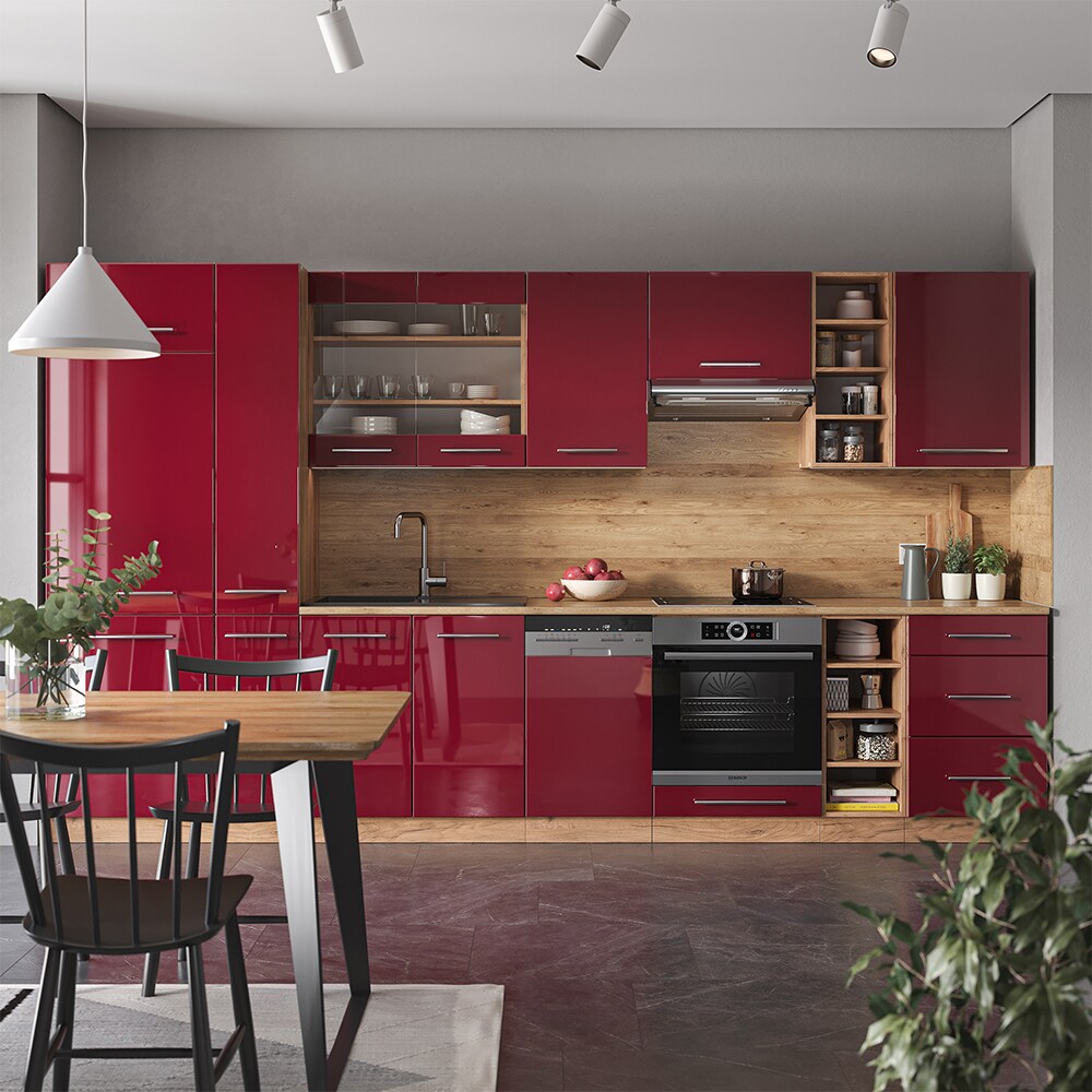 Vicco Küchenzeile Küchenblock Einbauküche Fame-Line Eiche Bordeaux Rot 355 cm modern Spülenunterschrank Herdumbauschrank Schubunterschrank Hängeschrank Kühlumbauschrank Apothekerhochschrank Unterschrank