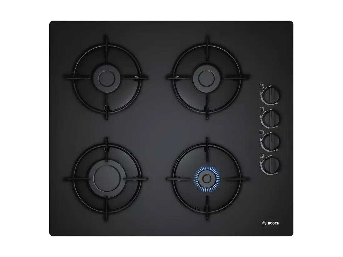 BOSCH POP6B6B10 Table de cuisson gaz - 4 foyers - 7400W - L56 x P48cm - Revetement verre trempe - Noir