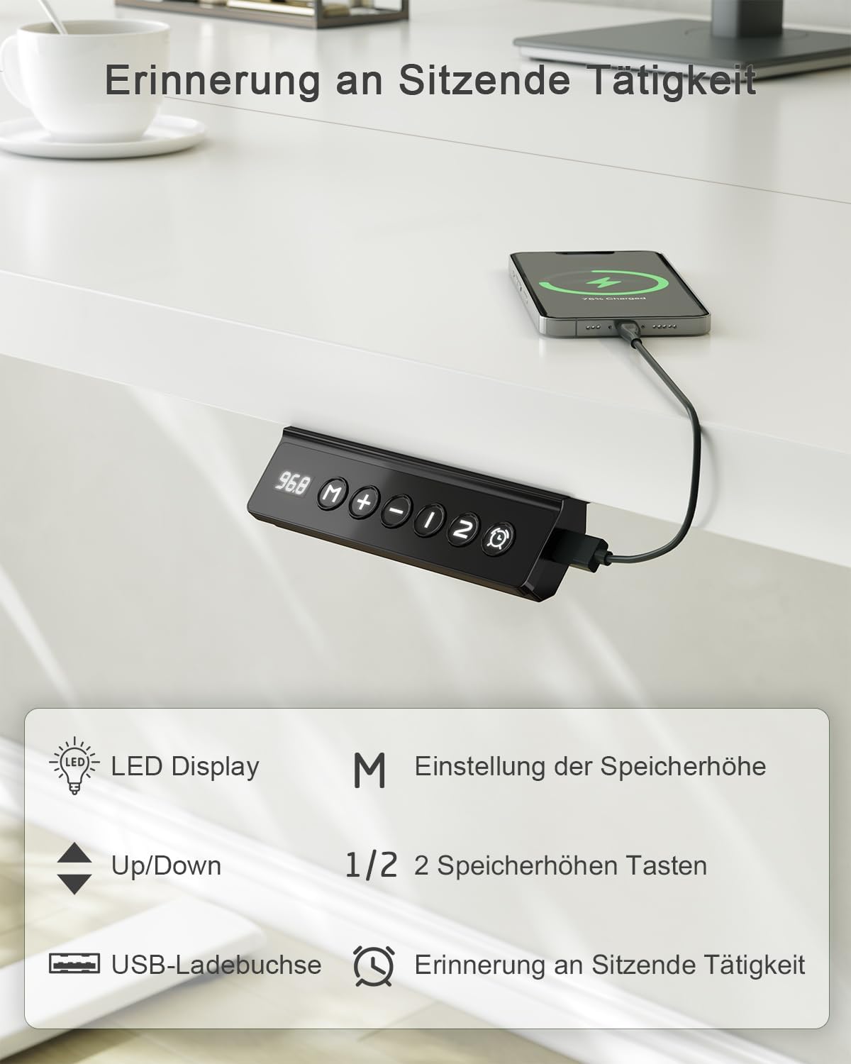 JUMMICO Höhenverstellbarer Schreibtisch mit USB-Ladeanschluss 100 x 60 cm, Schreibtisch Höhenverstellbar Elektrisch, Steh-Sitz Tisch Stehpult Verstellbarer Computertisch,Standing Desk,Weiß