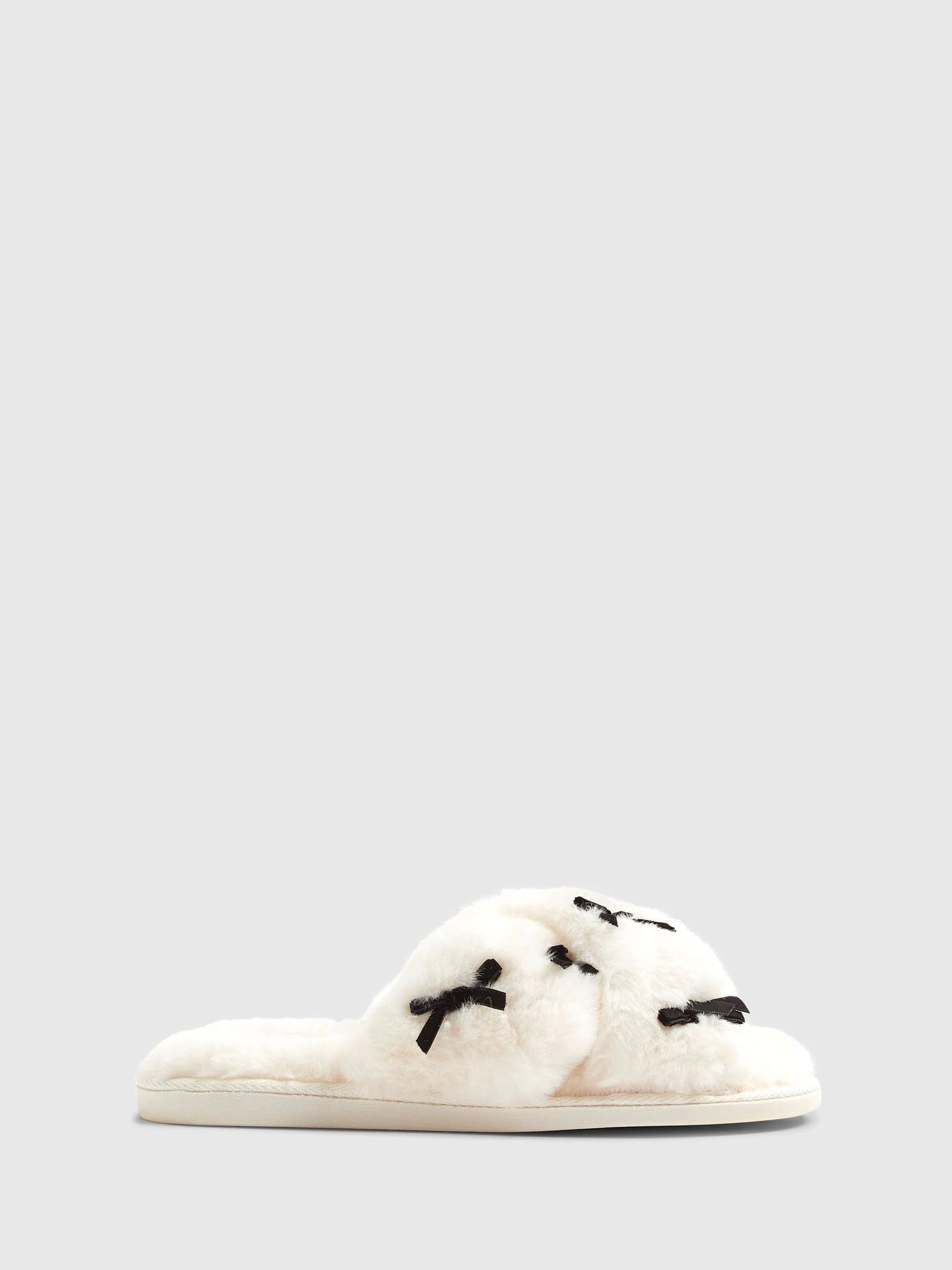 River Island Plush Cross Strap Embroidered Bow Slippers