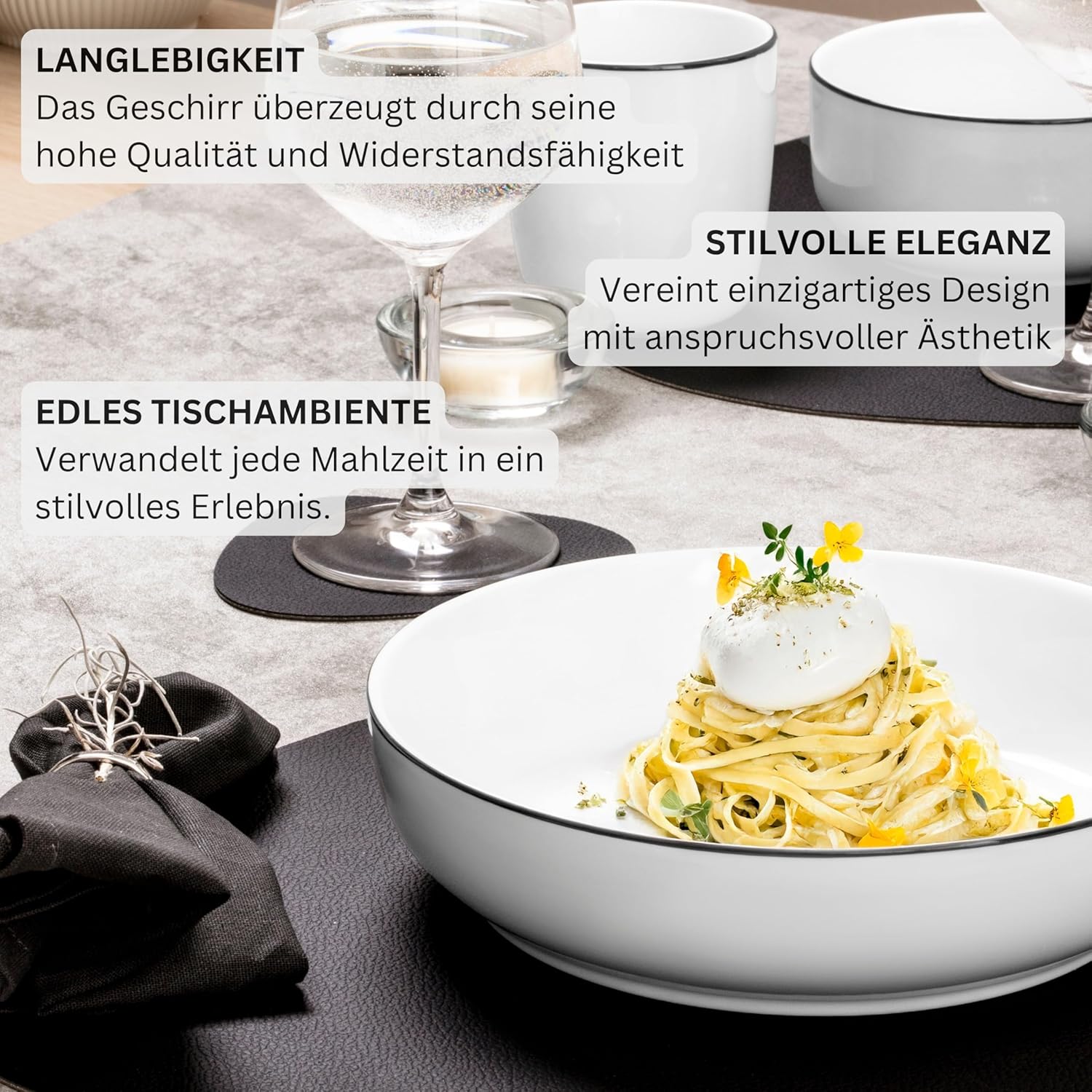 SÄNGER | Kombiservice Marlo Black Rim Weiß/Schwarz, 30tlg Geschirrset für 6 Personen mit Speise-, Dessert-, Schalen, Müslischalen und Kaffeebechern aus Porzellan | PREMIUM COLLECTION