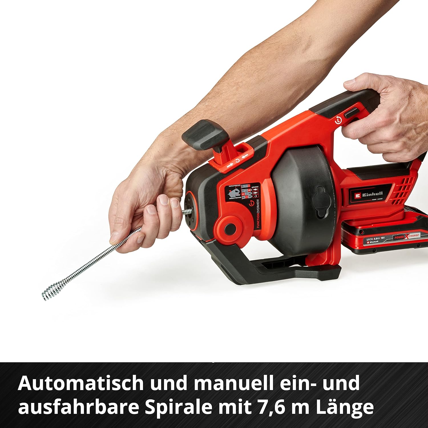 Einhell Akku-Rohrreiniger TE-DA 18/760 Li Kit Power X-Change (18 V, Li-Ion, 7,6 m lange Reinigungsspirale, geeignet für Rohrdurchmesser 16 - 55 mm, inkl. 4 Ah Akku und Ladegerät)
