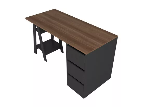 Bureau Tréteau et Caisson 3 Tiroirs Noir et Châtaignier L 135 H 75 P 60 cm