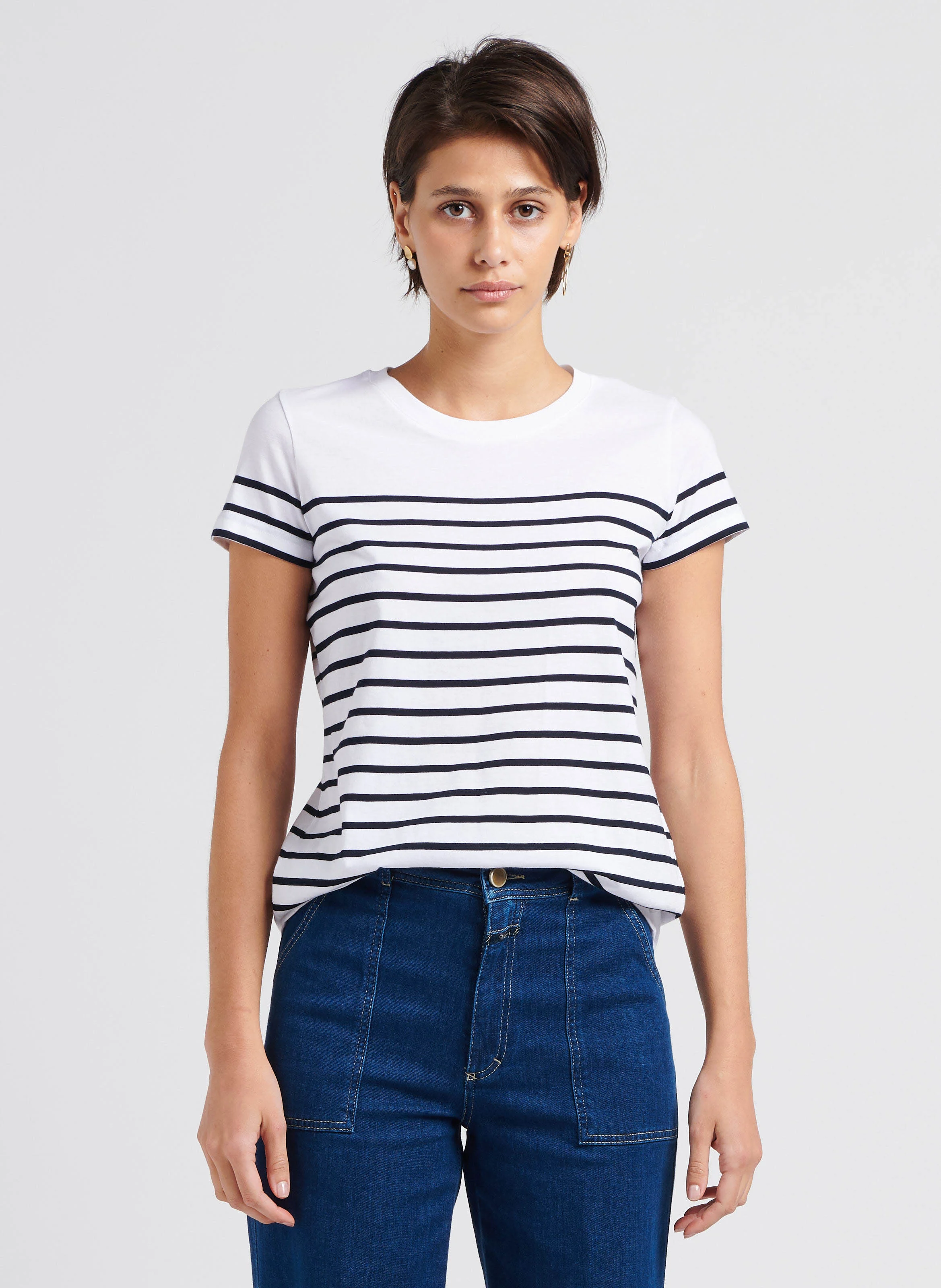 Tee-shirt col rond rayé en coton | Blanc