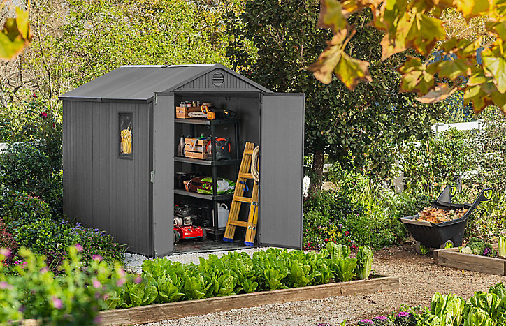 Abri de jardin + plancher Keter Darwin 68 en résine coloris gris anthracite ép.16 mm surface extérieure 4,8 m²
