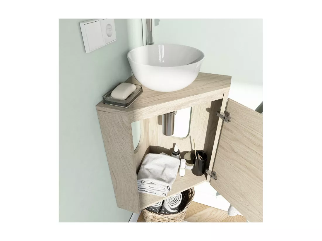 Ensemble lave-mains d'angle décor chêne + vasque