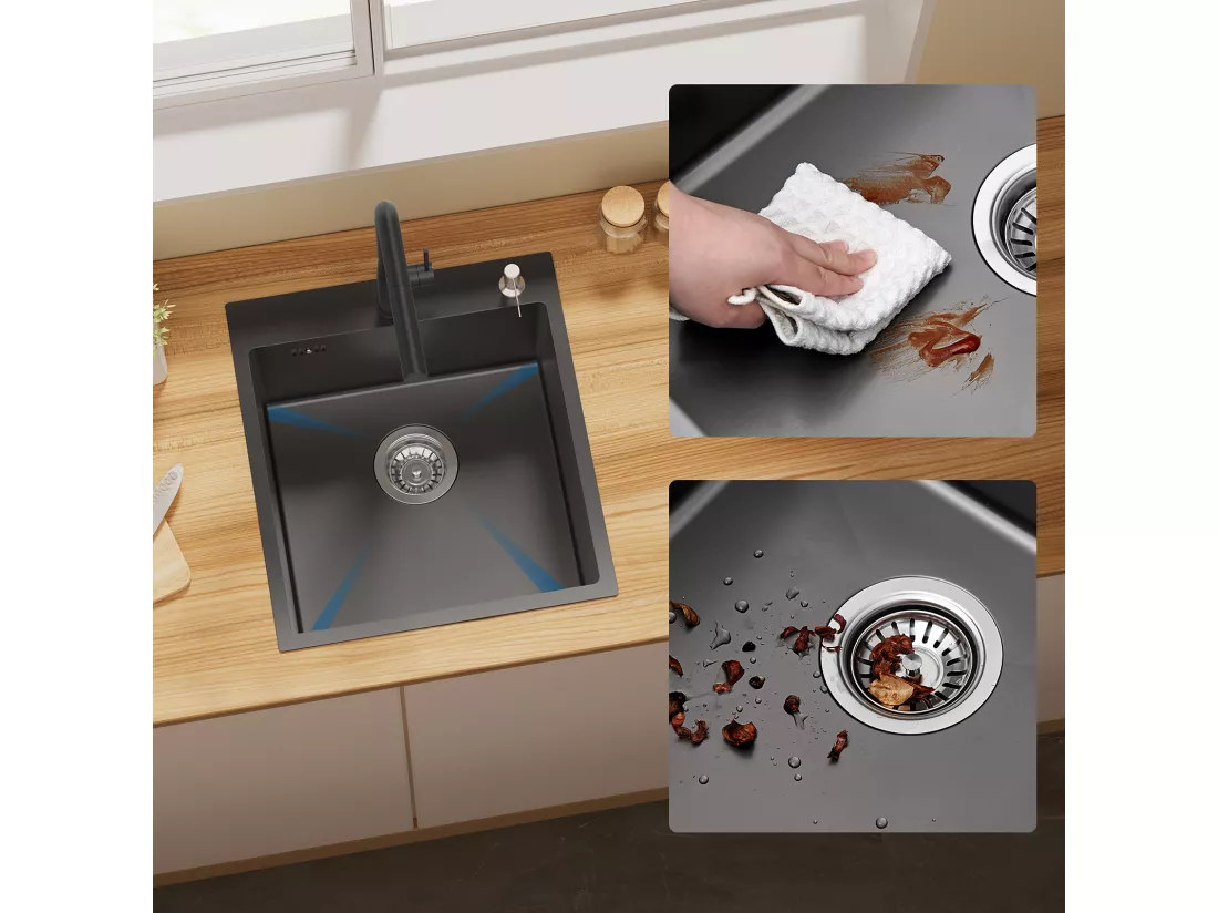 Évier Cuisine 1 Bac Gris Noir,44*49*20 CM,Lavabo Cuisine avec Distributeur Savon,Inox,Évier encastré/à Poser Évier avec Trou Montage pour Robinet