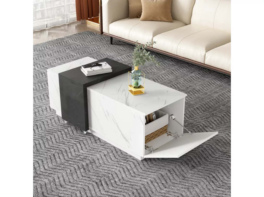 Table basse avec 2 portes et plateau mobile, look en marbre, panneau de particule, pour le salon et le bureau, 110x50x36cm