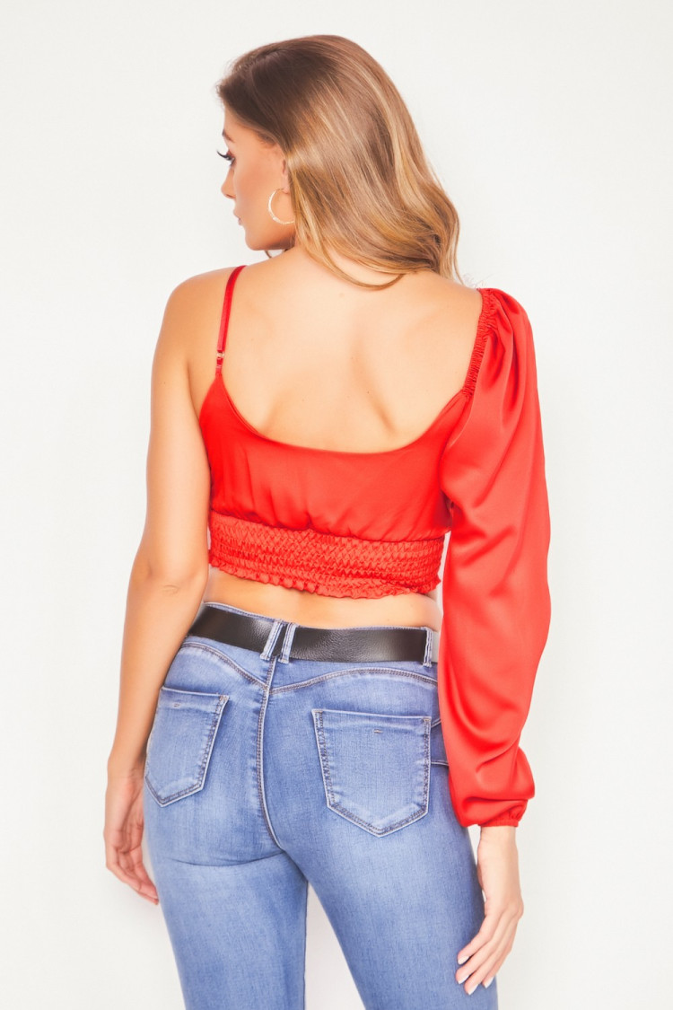 Crop top rouge satiné one shoulder