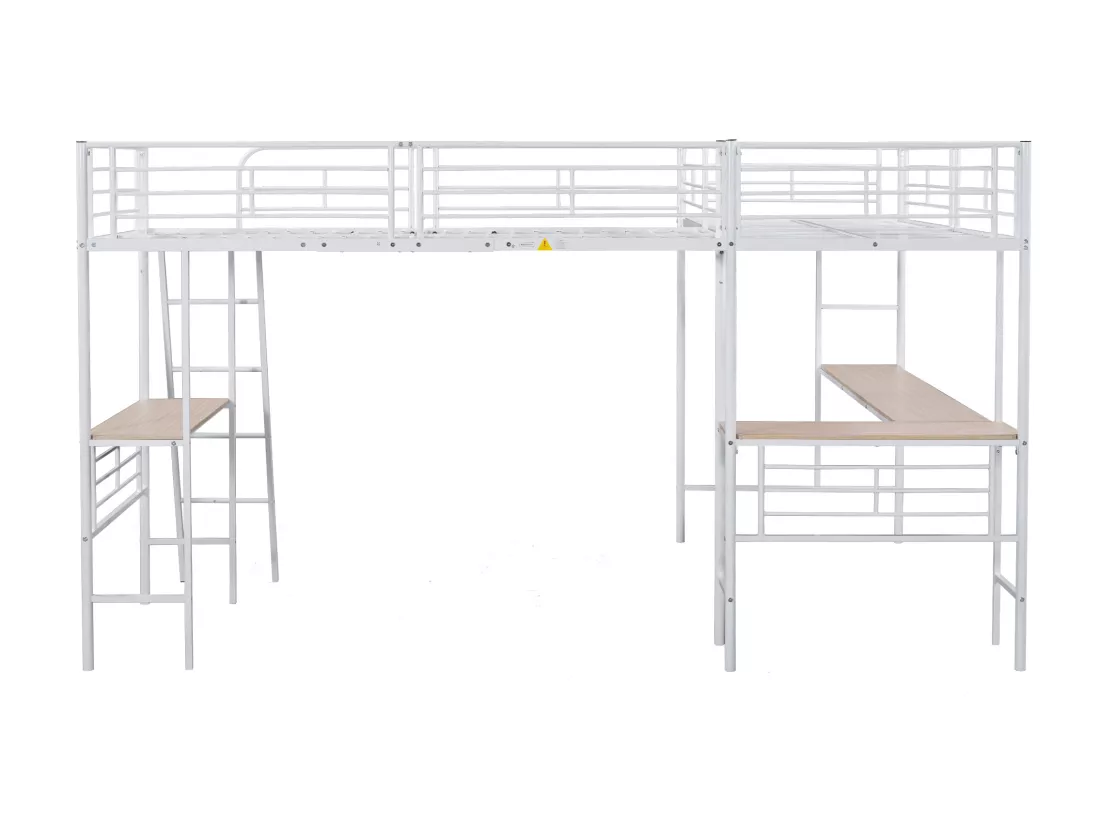Lit mezzanine 2 places - 2 x 90 x 200 cm - avec bureau d'angle et échelles - métal - blanc