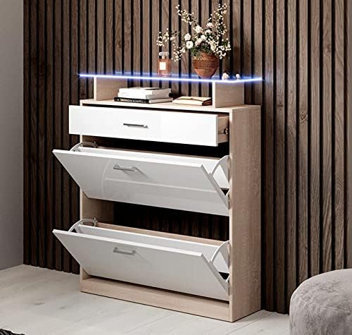 MB Muebles Bonitos | Flurmöbel mit Schuhschrank | Breite 89 x Höhe 105 x Tiefe 24 cm | Glasablage mit LED | Glänzendes Melamin | Farbe Sonoma und Weiß | Schuhregal für die tür | Modell Paola