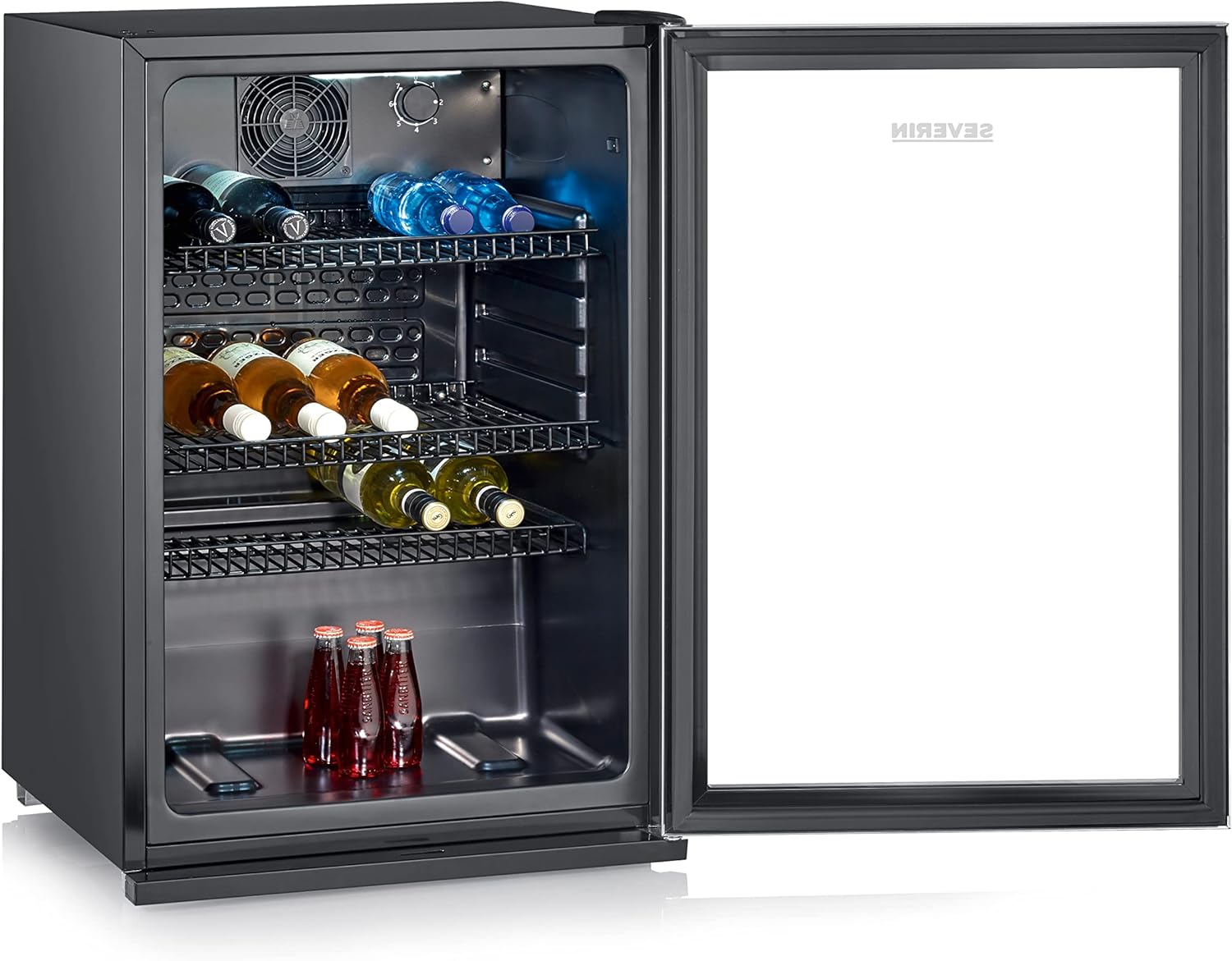 SEVERIN Flaschenkühlschrank, mit integriertem Schloss und integrierter LED-Beleuchtung, 118 L Nutzinhalt, schwarz/silber, FSK 8840