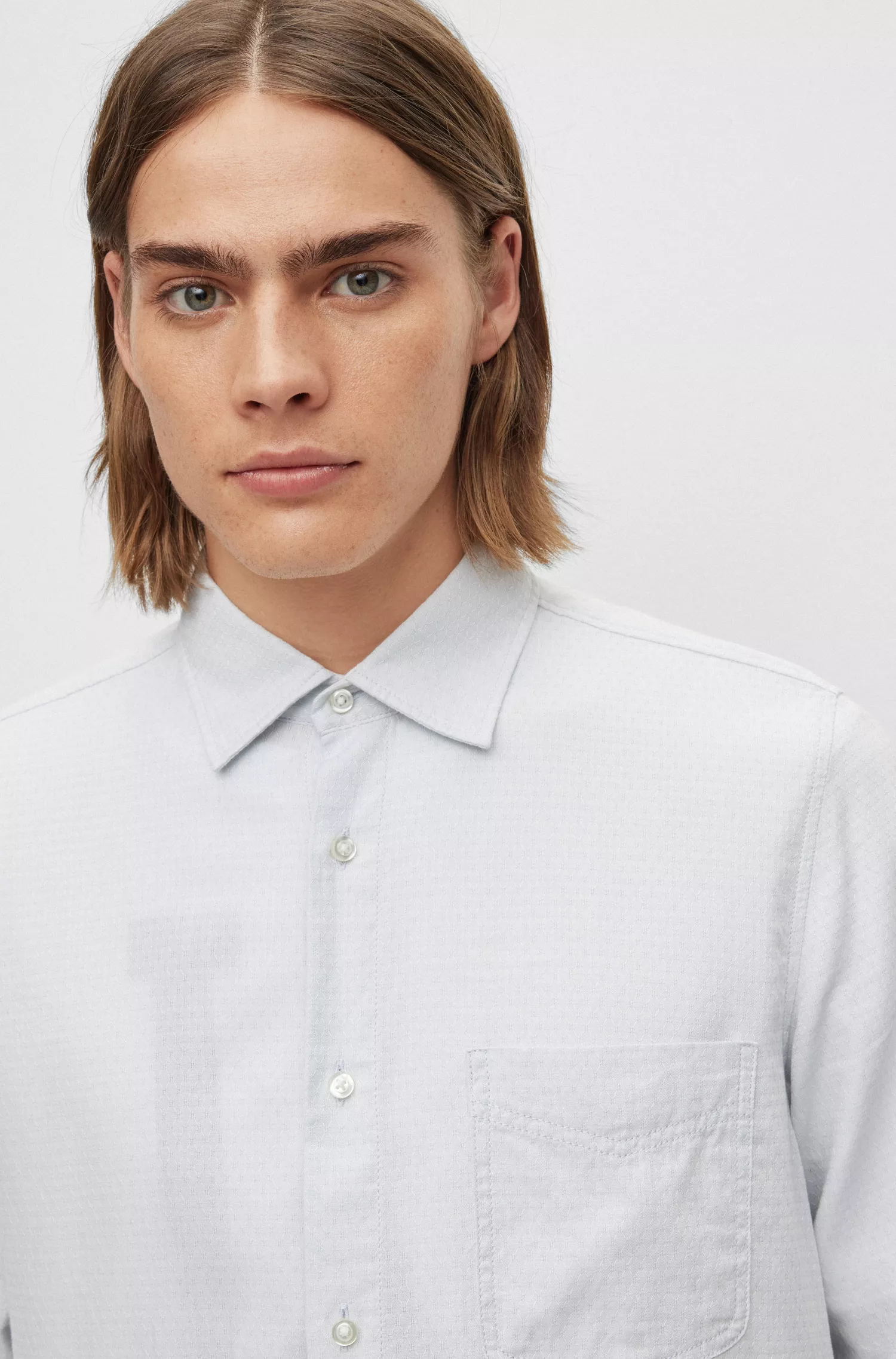 Camisa BOSS laranja, corte regular, em algodão dobby.