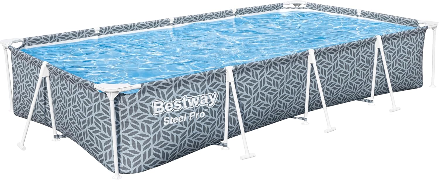 Bestway Steel Pro Frame Pool Set mit Filterpumpe 366 x 201 x 66 cm, Blattform-Design, eckig