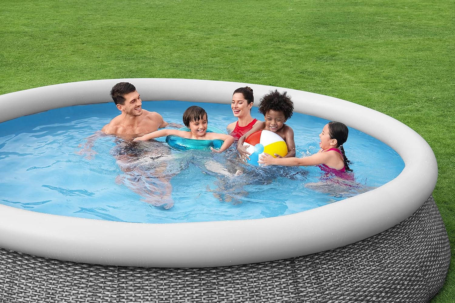 Bestway Fast Set Pool, 457 x 107 cm, Komplett-Set mit Filterpumpe, rund, graue Rattan-Optik