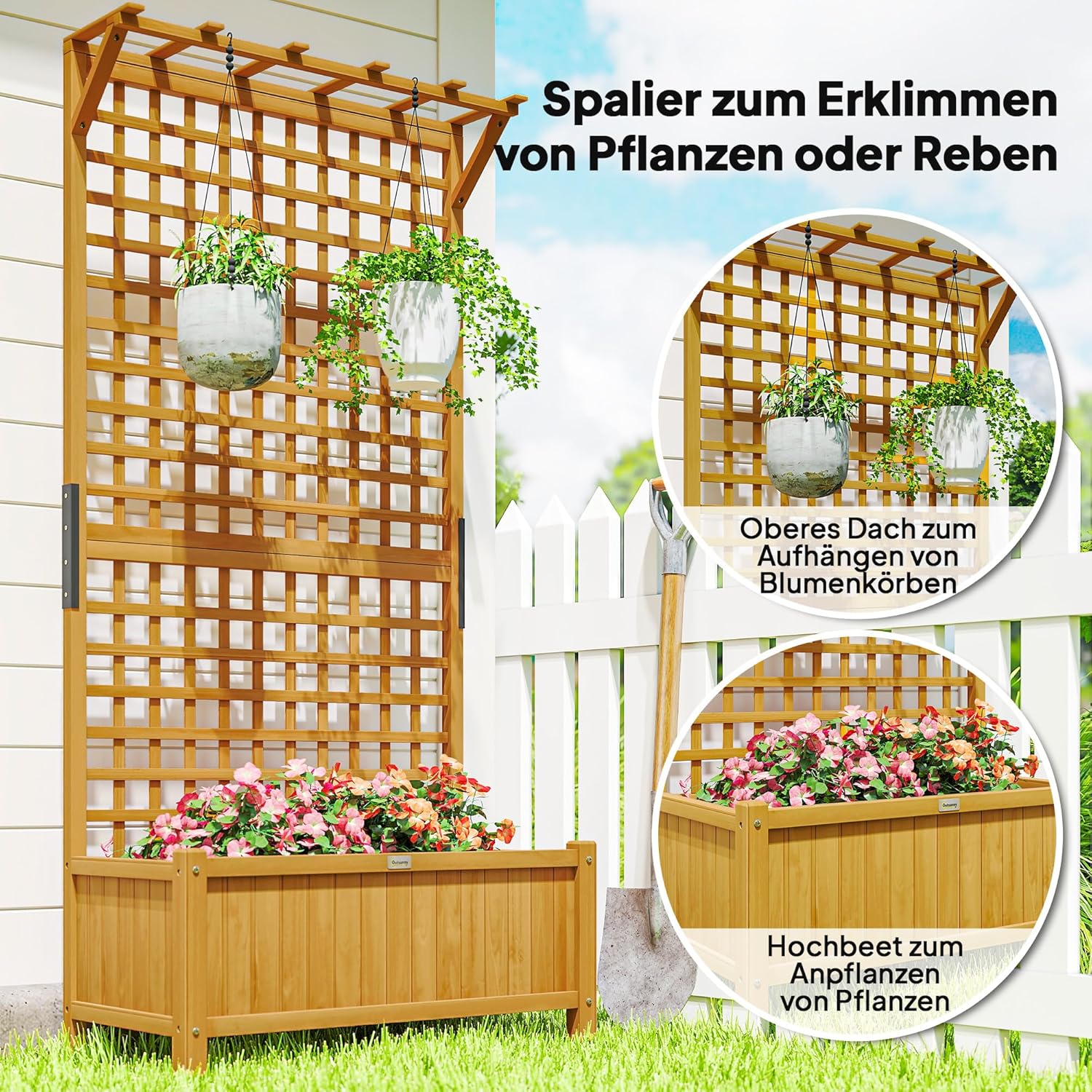 Outsunny Hochbeet Pflanzkasten mit Rankgitter, Spalier Pflanzkübel Blumenkasten Holz, Gartenspalier 90 x 45 x 183cm für Garten Balkon Terrasse, Blumenkübel für Kletterpflanzen Korbpflanzen, Blumen