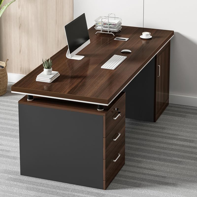 Büroschreibtisch, modern, Computertisch, braunes Holz, mit schwarzem Schlittenfuß, abschließbarer Schublade und Schrank, Wohnmöbel – ohne Stühle, 160 cm L x 69,9 cm B x 77,2 cm H