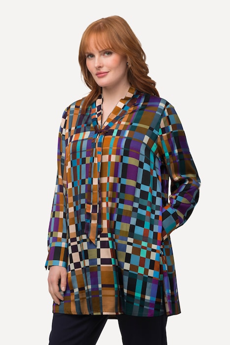 Long-Tunika, Satin, A-Linie, V-Ausschnitt, Langarm