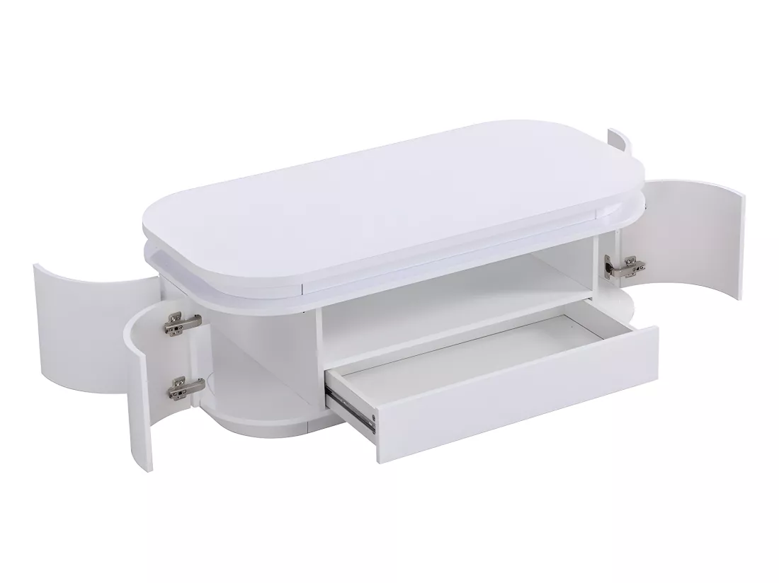 Table basse 4 portes et 1 tiroir avec LEDs en MDF - Blanc laqué - VANDANA