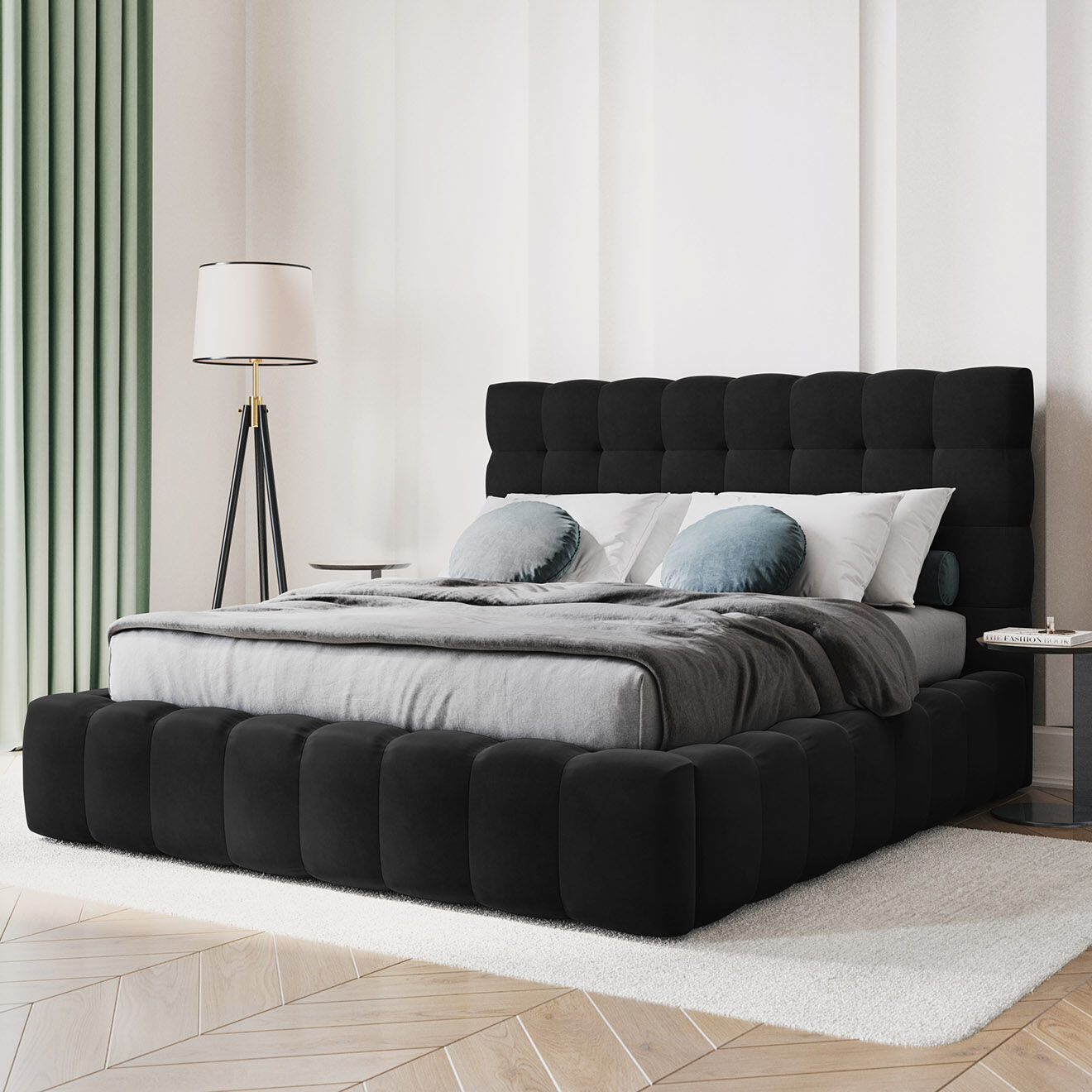 Cosmopolitan Design Lit avec coffre de rangement Bali Velours noir - 180x200 cm