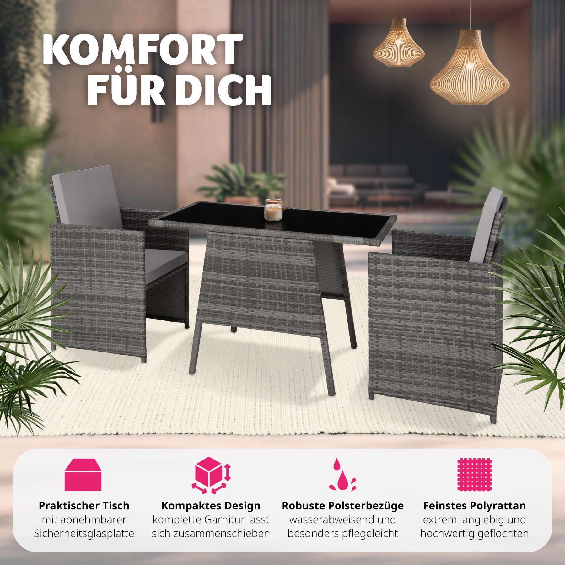 tectake® Rattan Sitzgruppe, für 2 Personen, UV-beständig, zusammenschiebbar