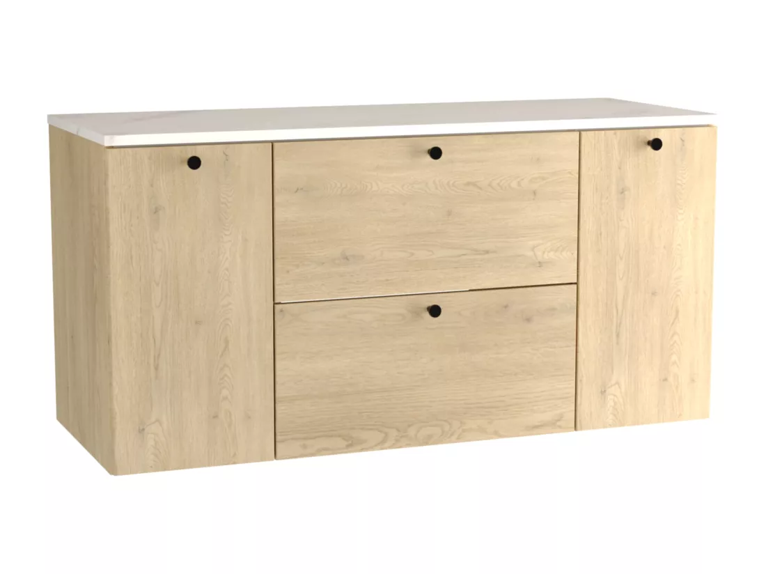 Meuble lavabo WENA, avec 2 portes et 2 tiroirs, fronts lisses, Beti, 120x60x47 cm, Chêne de Crémone/Marbre Bianco