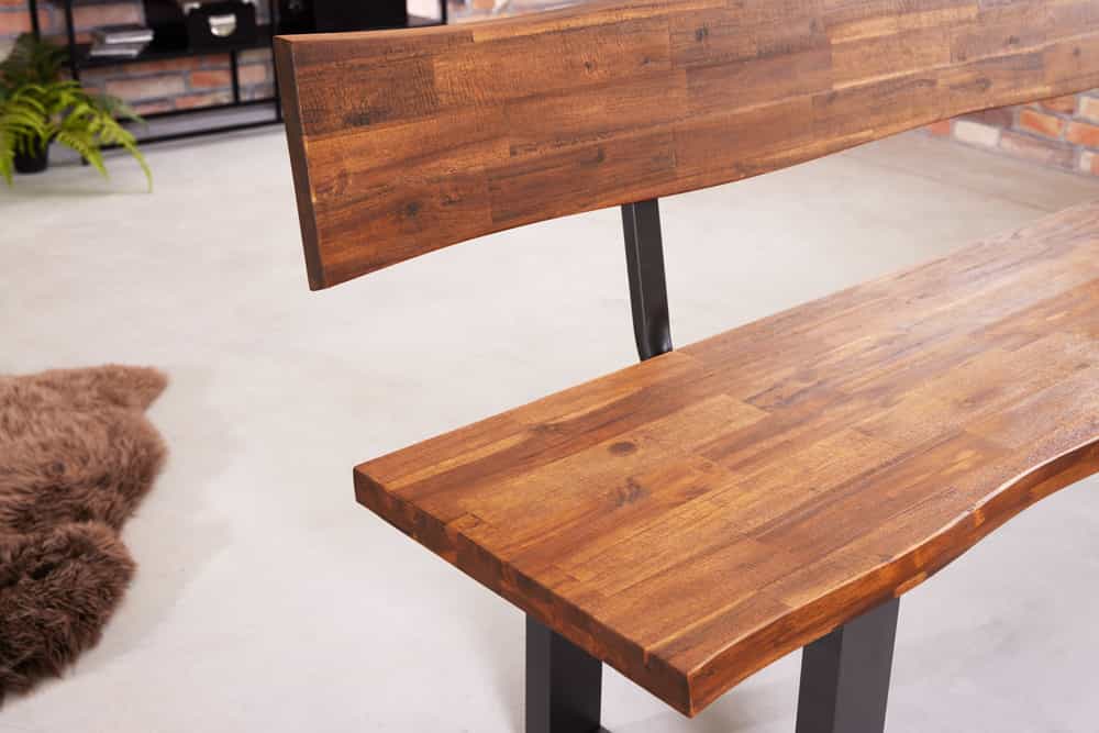 Industrial Baumstamm Sitzbank GENESIS 200cm Akazie Massivholz Kufengestell Rückenlehne Live Edge