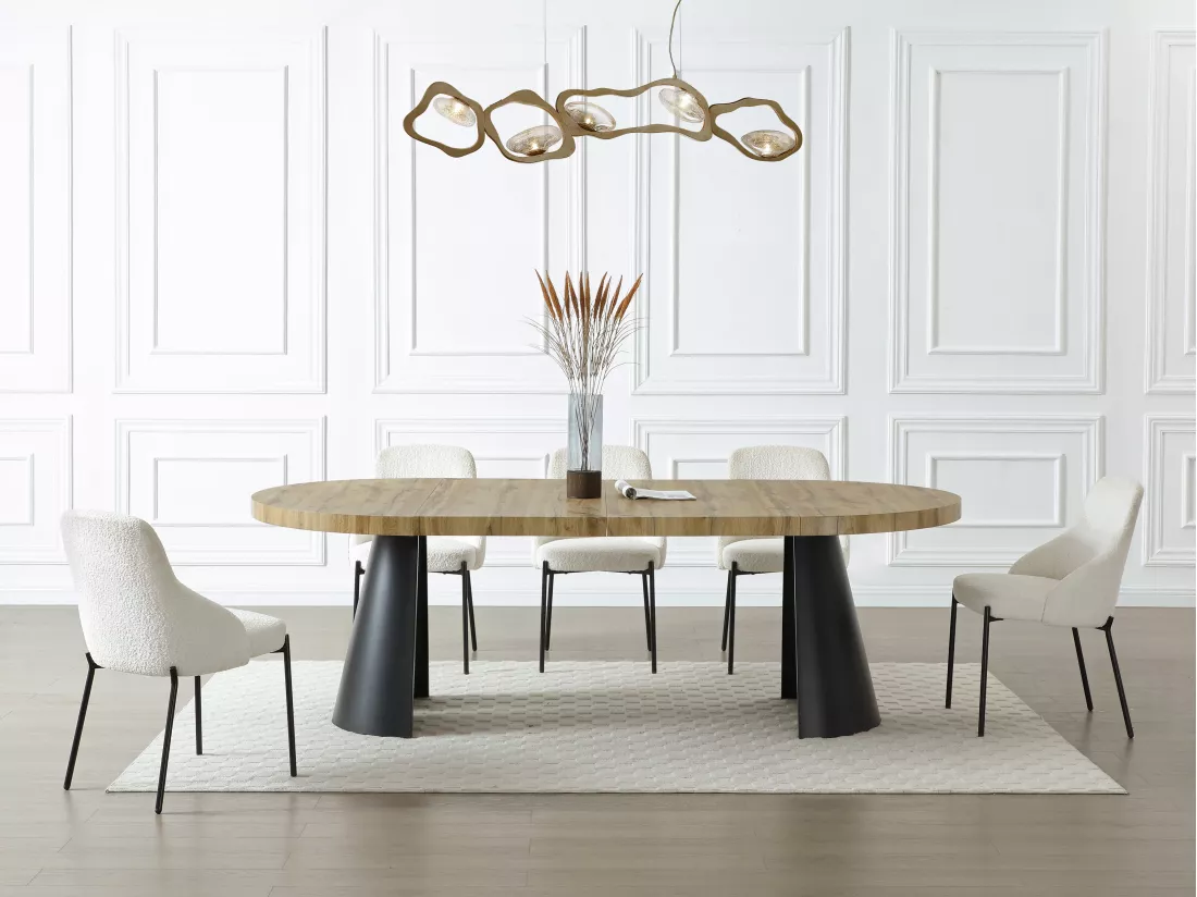 Table à manger extensible 4 à 12 personnes en MDF et métal noir - Naturel clair - JARELIA