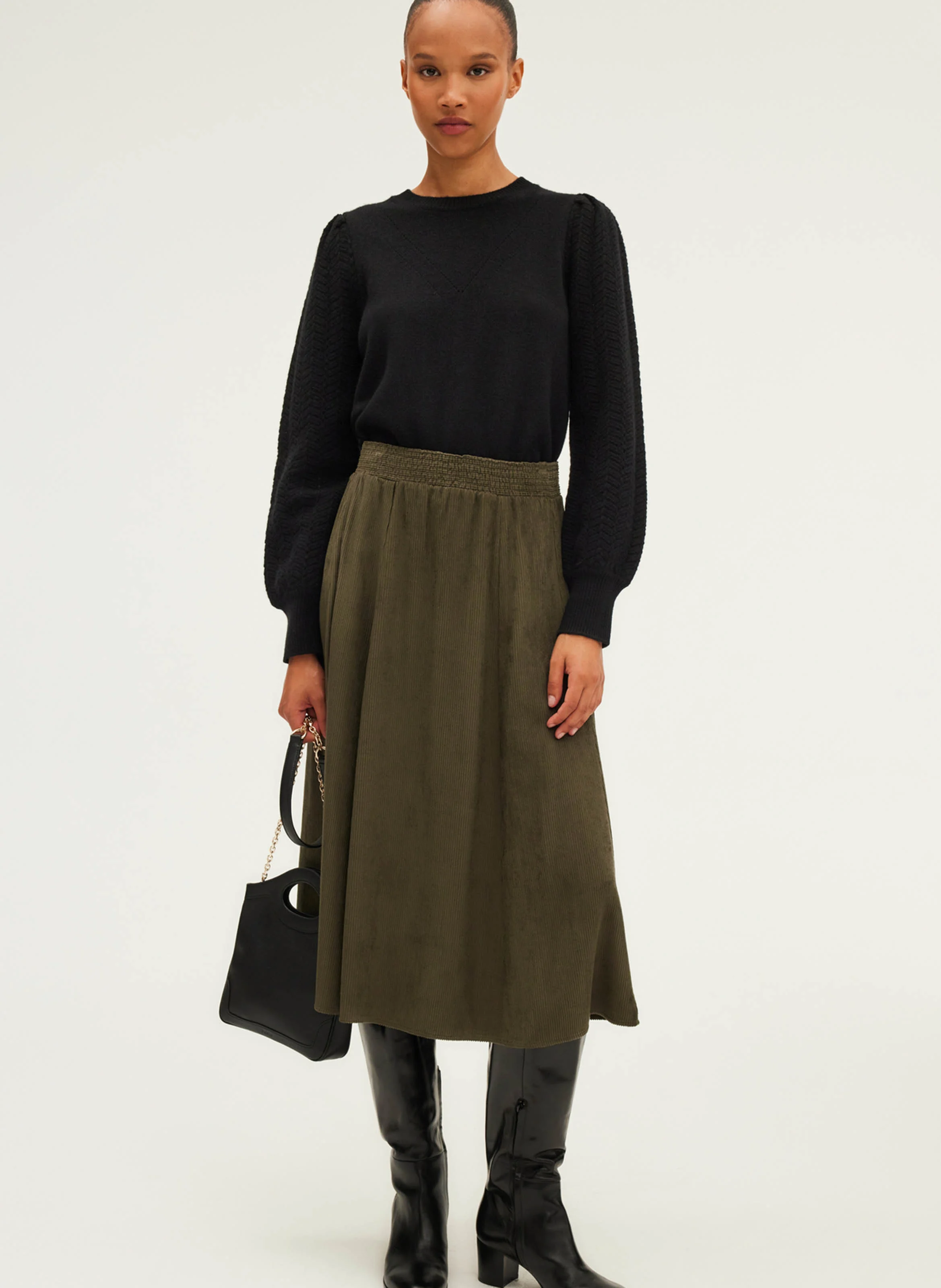 CEPHISE - Jupe midi en velours| Kaki