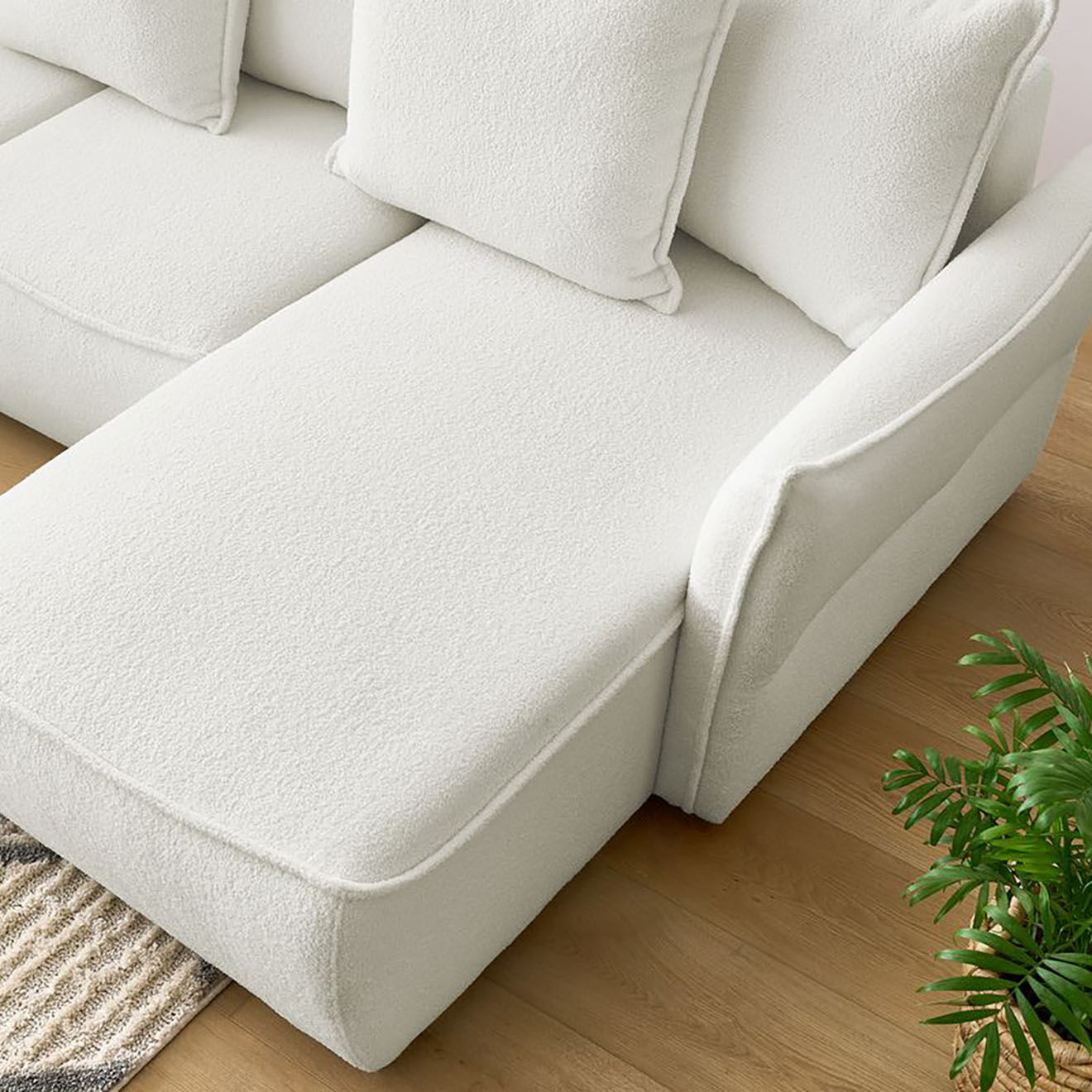 Bobochic Canapé panoramique convertible coffre d'angle droit bouclette léon blanc - 320x194x90 cm