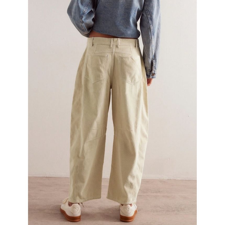 Piwonia - Middelhoge effen corduroy broek met wijde pijpen