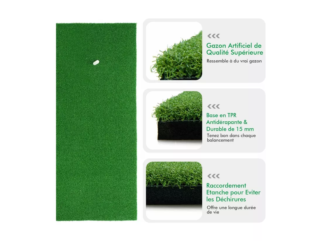 Tapis d'Entraînement de Golf/Tapis de Frappe de Golf, 1,5 x 1m, 2 Positions de Tee et 3 Tees en Caoutchouc Inclus, Utilisation Intérieure et Extérieure
