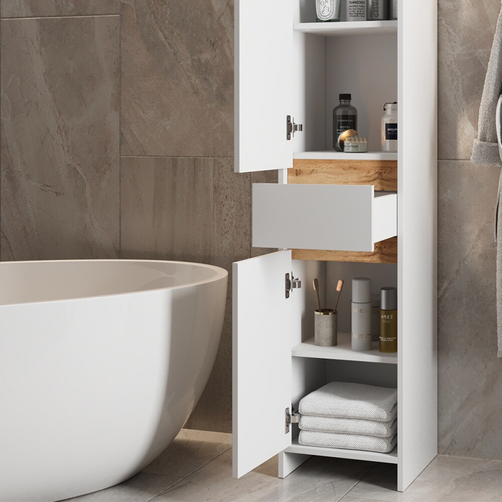 Vicco Badschrank Detmold Weiß Eiche 35 x 190 cm mit 2 Türen und eine Schublade