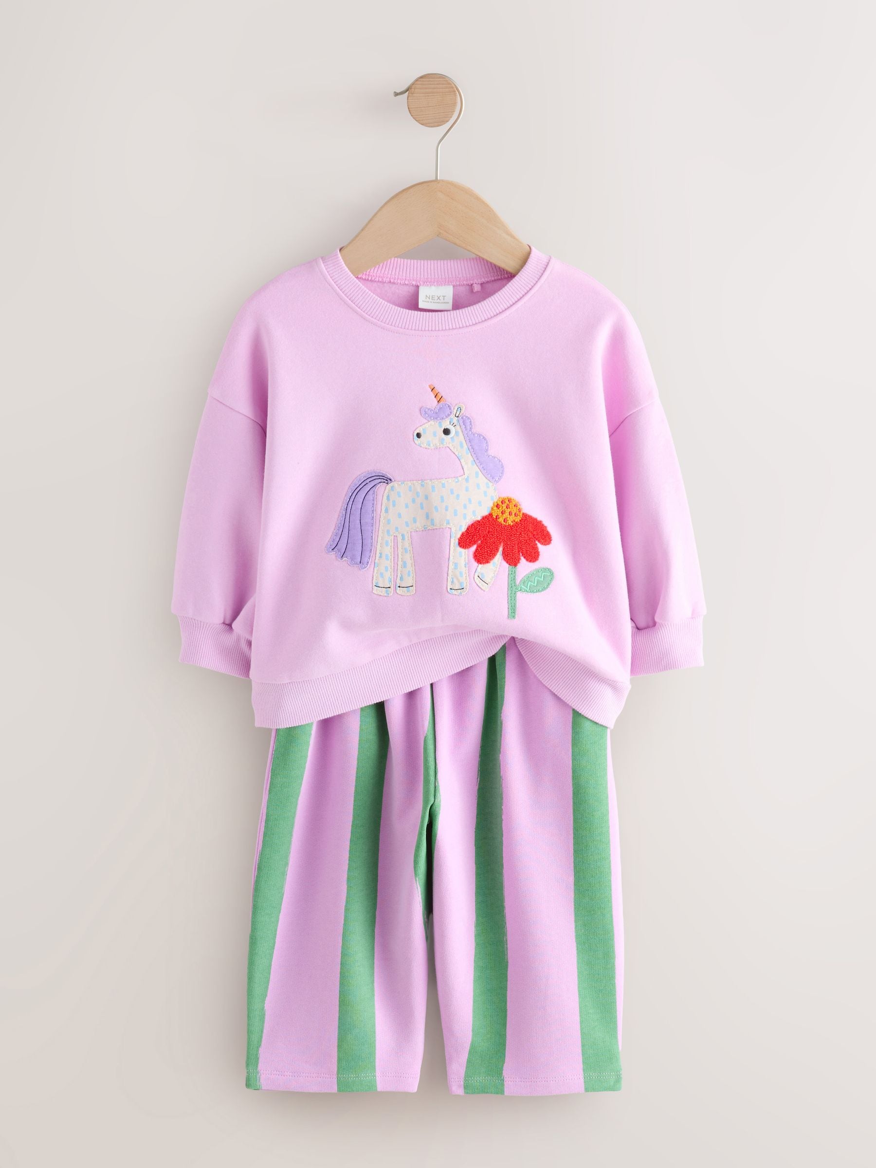 Roze gestreepte eenhoorn - Set van sweatshirt en joggingbroek met rechte wijde pijpen (3mnd -7jr)