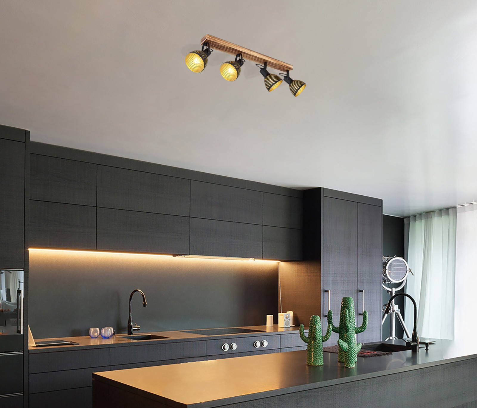 Deckenstrahler - dunkelbraun - gold - Holz - 80 cm