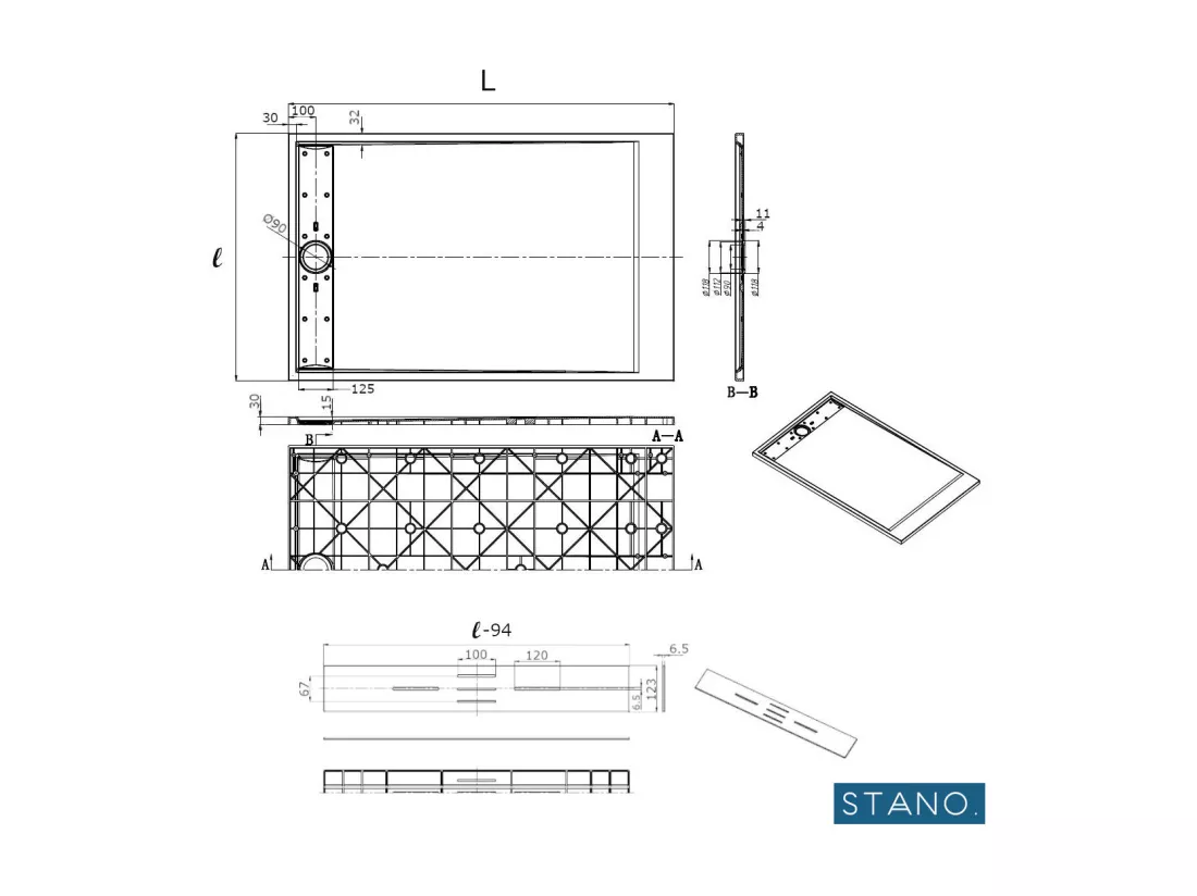 Receveur de douche 80 x 120 cm extra plat SALVI en SoliCast® surface ardoisée blanc