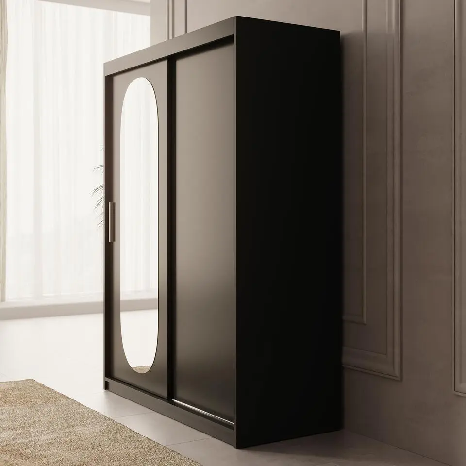 Meubella - Kledingkast Bodhi - Zwart - 150 cm - Met spiegel