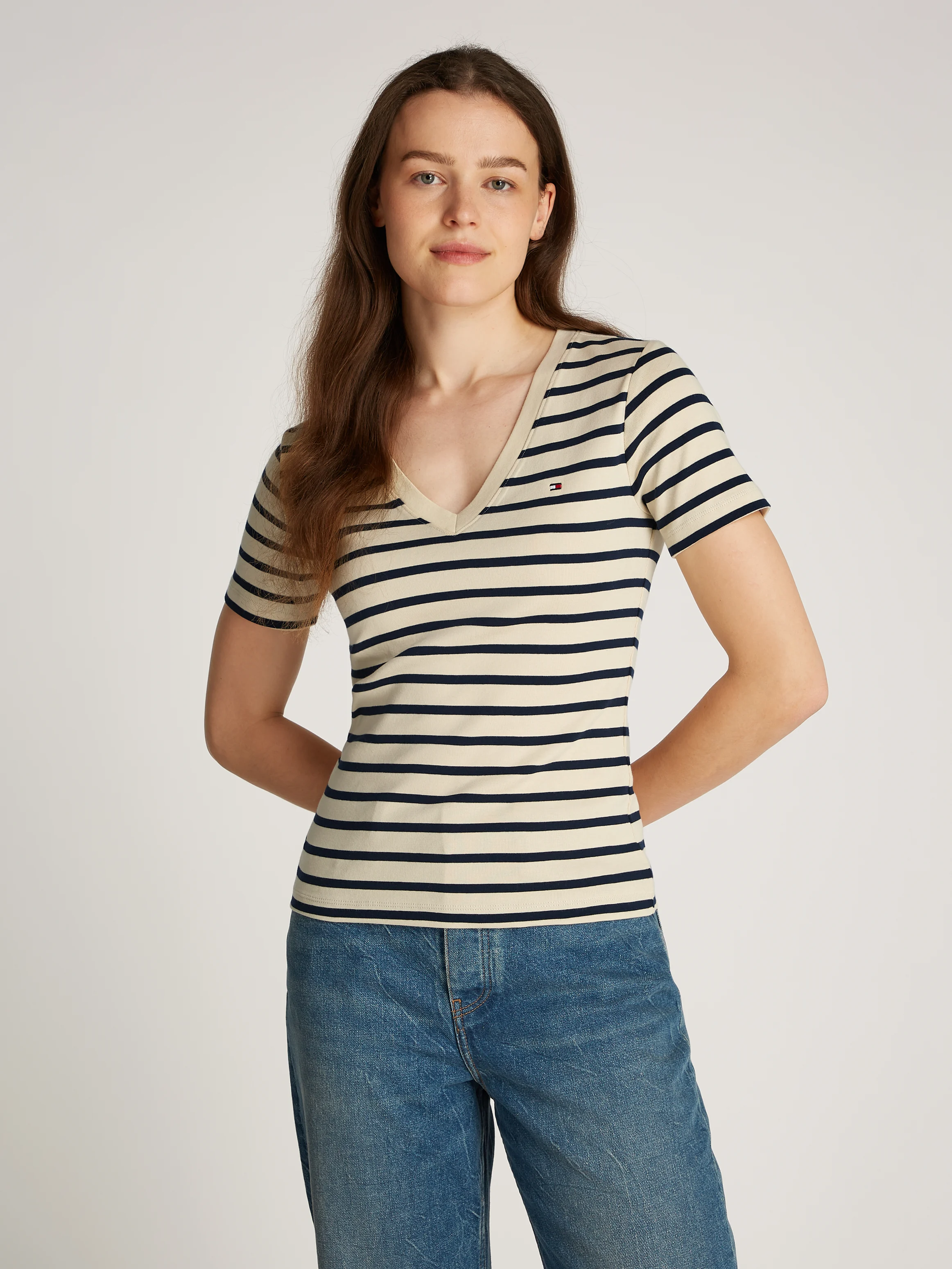Tee-shirt ajusté col V en coton | Blanc